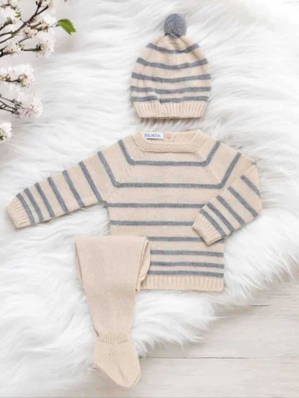 Juliana Knit Cream & Light Blue Striped Baby Set | 3M